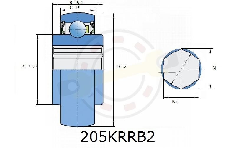 Подшипник 22,25х52х25,4/15 мм, шариковый c шестигранным отверстием на шестигранный вал 22,25 мм, сферическое наружное кольцо. Артикул 205KRRB2 (FKL) - детальная фотография