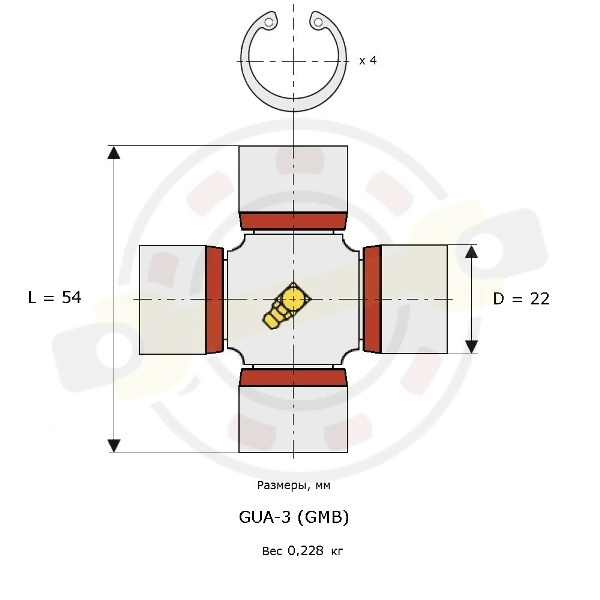 Крестовина 22х54 мм, диаметр чашки 22 мм, внешние стопорные кольца. Артикул GUA-3 (GMB) - детальная фотография