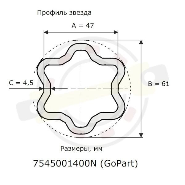 7545001400N (GoPart) Детальная Фотография Труба профильная звезда 47х61 мм, тип профиля S5, длина 1400 мм. Артикул 7545001400N (GoPart) - детальная фотография