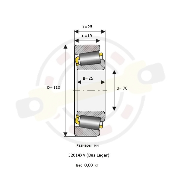 Подшипник 70х110х25/19 мм, конический роликовый однорядный на вал 70 мм. Артикул 32014 XA (Das Lager) - детальная фотография