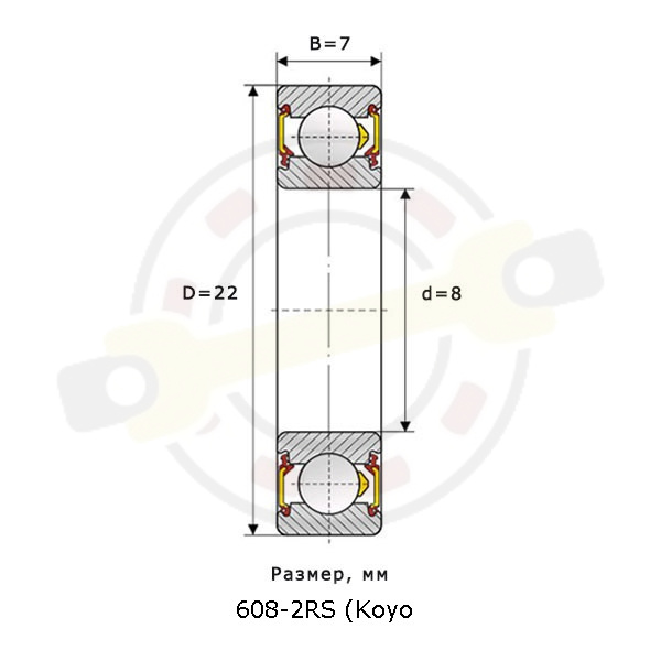 Подшипник миниатюрный 8х22х7 мм, шариковый однорядный на вал 8 мм, закрытый. Артикул 608 2RS (Koyo) - детальная фотография