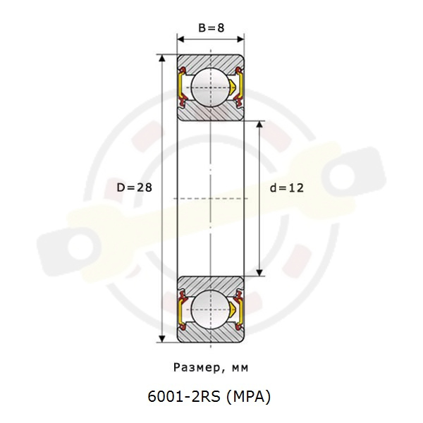 Подшипник 12х28х8 мм, шариковый однорядный на вал 12 мм, закрытый. Артикул 6001-2RS (MPA) - детальная фотография