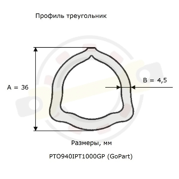  Труба профильная треугольник 36х4,5 мм, длина 1000 мм. Артикул PTO940IPT1000GP (GoPart) - детальное фотография