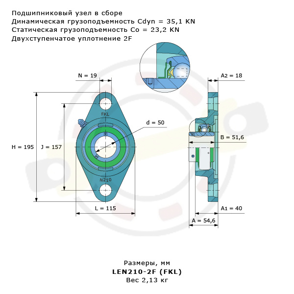 Корпус с подшипником в сборе на вал 50 мм, фланцевый овальный чугунный корпус. Артикул LEN210-2F (FKL) - детальная фотография