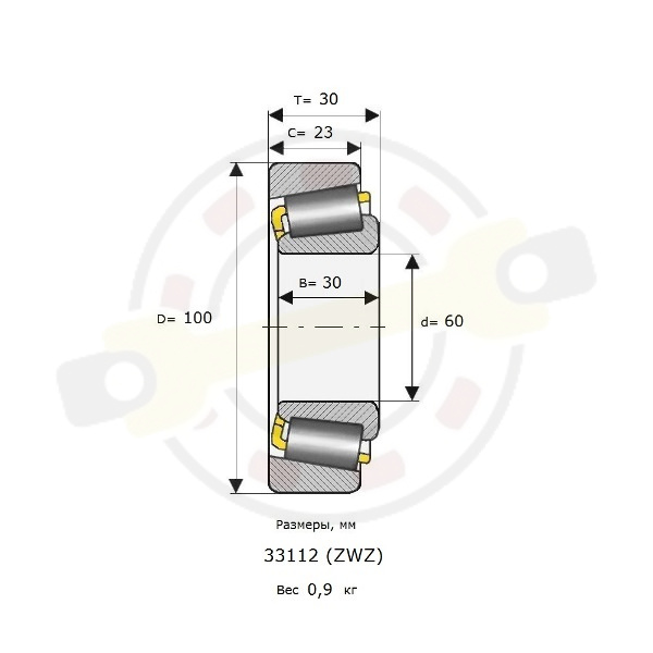 Подшипник 60х100х30/23 мм, конический роликовый однорядный, на вал 60 мм. Артикул 33112 (ZWZ) - детальная фотография