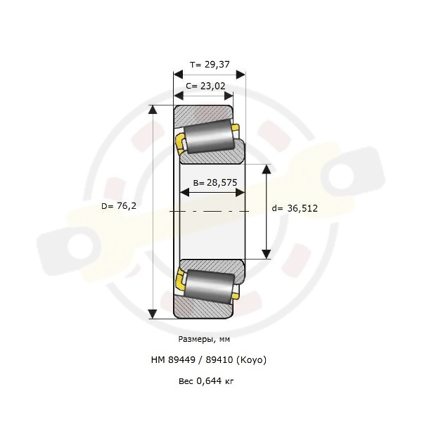 Подшипник 36,512х76,2х28,575/23,02 мм, конический роликовый однорядный на вал 36,512 мм. Артикул HM 89449/10 (Koyo) - детальная фотография