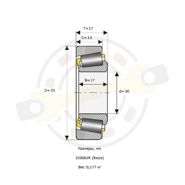Подшипник 30х55х17/13 мм, конический роликовый однорядный на вал 30 мм. Артикул 32006 JR (Koyo) - детальная фотография