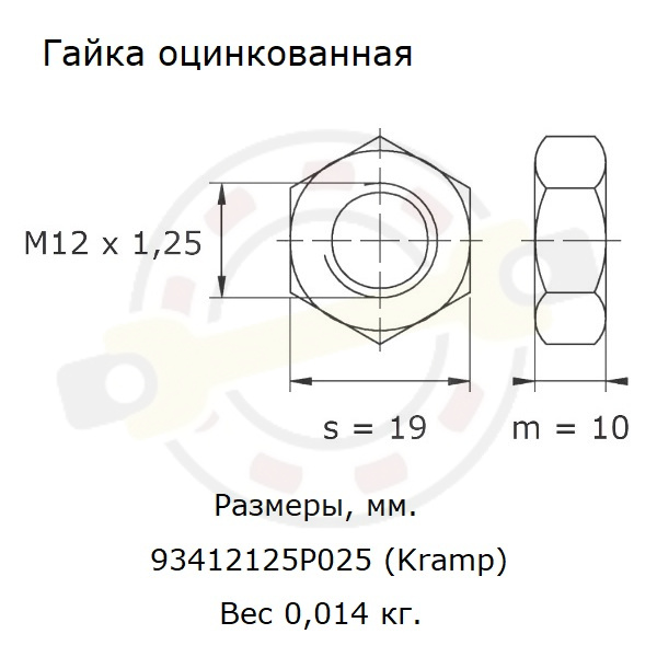 Гайка шестигранная DIN 934, резьба M12x1,25 сталь, оцинкованная, класс 8.8. Артикул 93412125P025 (Kramp) - детальная фотография