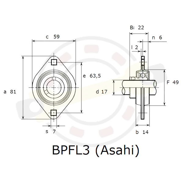 Подшипниковый узел на вал 17 мм, стальной овальный корпус. Артикул BPFL3 (Asahi) - детальная фотография