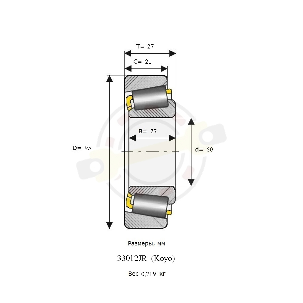 Подшипник 60х95х27/21 мм, конический роликовый однорядный на вал 60 мм. Артикул 33012 JR (Koyo) - детальная фотография