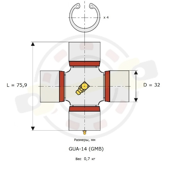  Крестовина 32х75,90 (32х76) мм, внешние стопорные кольца, смазочный ниппель в центре. Артикул GUA-14 (GMB) - детальное фотография