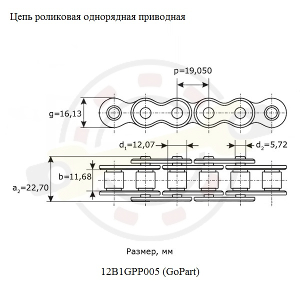 Цепь роликовая однорядная приводная, отрезок 1 м. Артикул 12B1GPP005 (GoPart) - детальная фотография