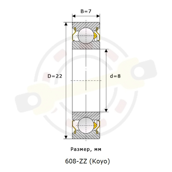Подшипник 8х22х7 мм, шариковый однорядный на вал 8 мм, закрытый. Артикул 608 ZZ (Koyo) - детальная фотография