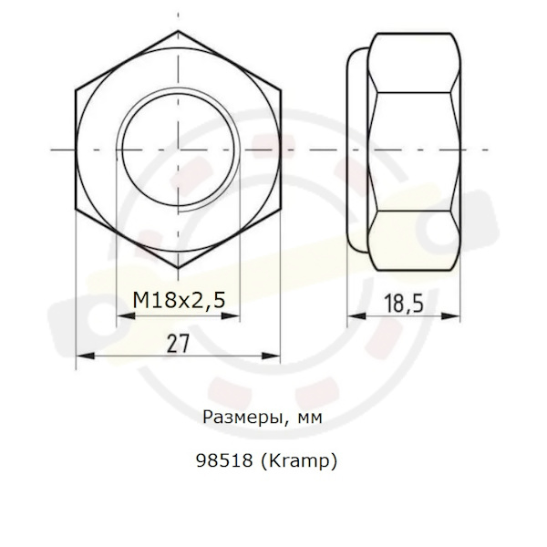 Гайка шестигранная DIN 985, резьба M18x2,5 сталь, оцинкованная, класс 8.8. Артикул 98518 (Kramp) - детальная фотография