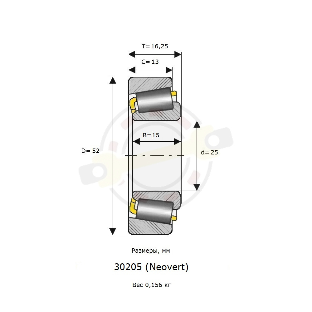 Подшипник 25х52х15/13 мм, конический роликовыйна вал 25 мм. Артикул 30205 (Neovert) - детальная фотография