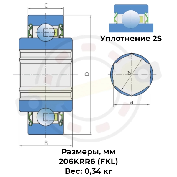 Подшипник шариковый с шестигранным отверстием и цилиндрическим наружным кольцом, размером 25,43х62х24/16. Артикул 206KRR6 (FKL) - детальная фотография