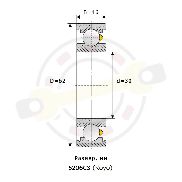 Подшипник 30х62х16 мм, шариковый однорядный 30 мм, открытый, увеличен тепловой зазор. Артикул 6206 C3 (Koyo) - детальная фотография