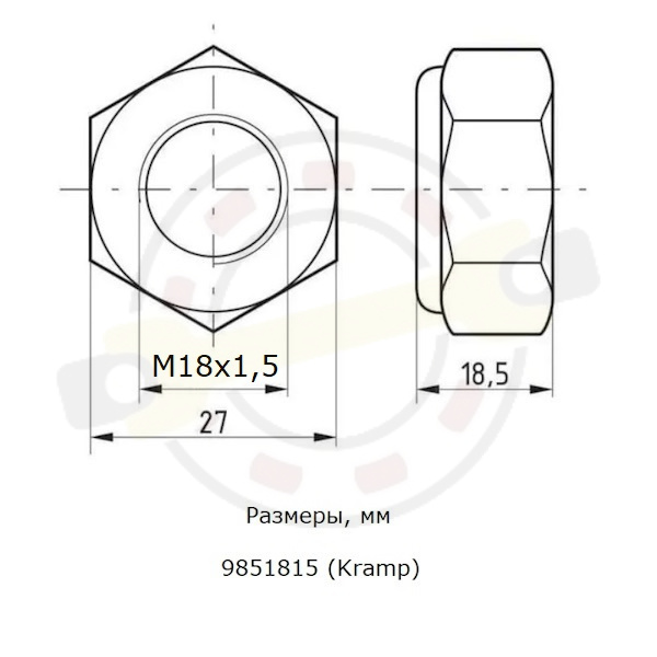 Гайка шестигранная DIN 985, резьба M18x1,5 сталь, оцинкованная, класс 8.8. Артикул 9851815 (Kramp) - детальная фотография