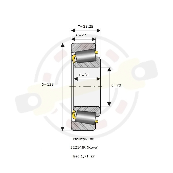 Подшипник 70х125х31/27 мм, конический роликовый однорядный, на вал 70 мм. Артикул 32214 JR (Koyo) - детальная фотография