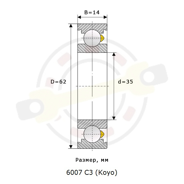 Подшипник 35х62х14 мм, шариковый однорядный на вал 35 мм, увеличен тепловой зазор. Артикул 6007 C3 (Koyo) - детальная фотография