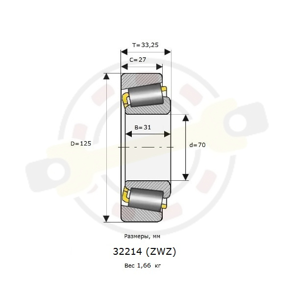 Подшипник 70х125х31/27 мм, конический роликовый однорядный, на вал 70 мм. Артикул 32214 (ZWZ) - детальная фотография
