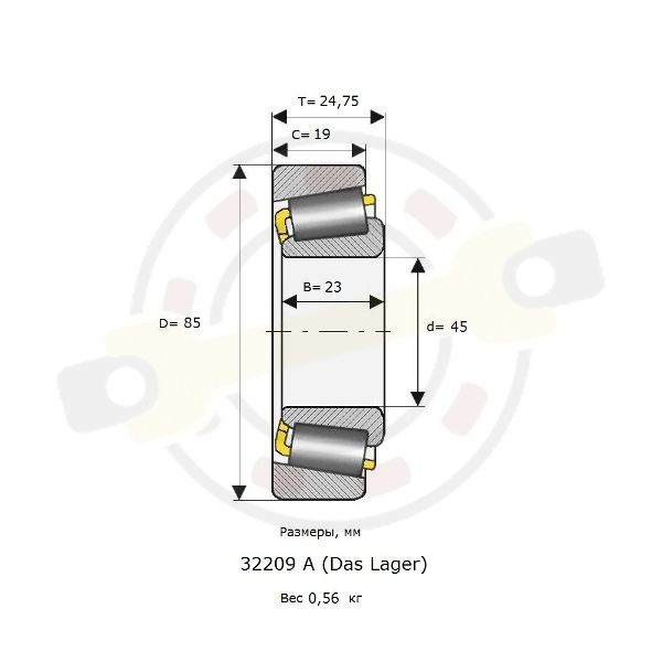 Подшипник 45х85х23/19 мм, конический роликовый однорядный на вал 45 мм. Артикул 32209 A (Das Lager) - детальная фотография