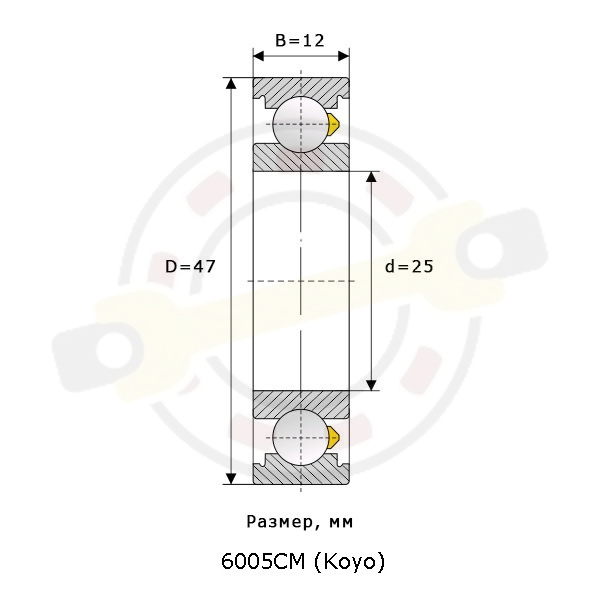 Подшипник 25х47х12 мм, шариковый однорядный на вал 25 мм, открытый. Артикул 6005 CM (Koyo) - детальная фотография
