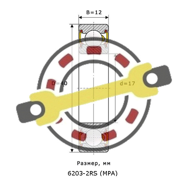 Подшипник 17х40х12 мм, шариковый однорядный на вал 17 мм, закрытый. Артикул 6203-2RS (MPA) - детальная фотография